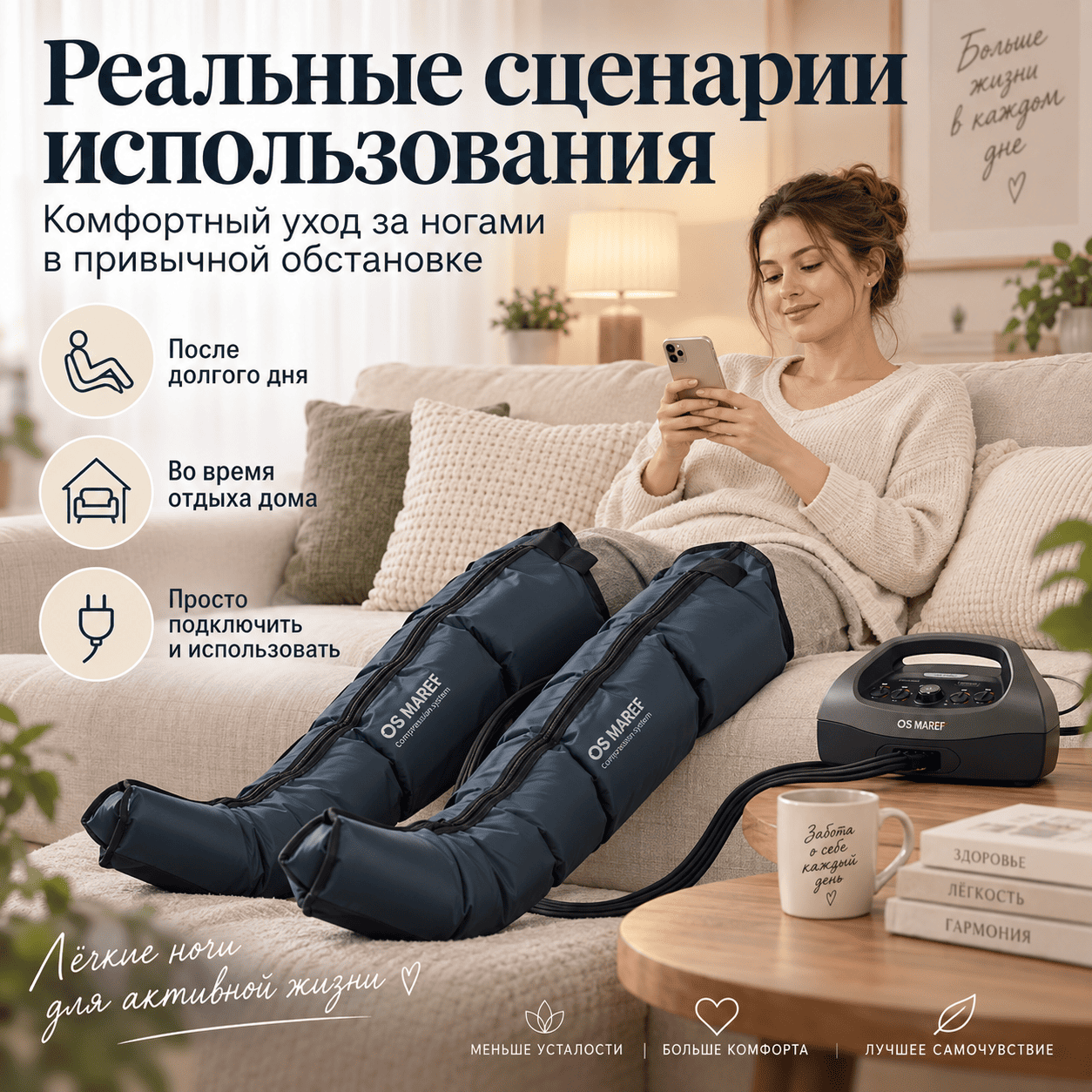 Комфорт для ног после активного дня Использование лимфодренажных манжет HL-2000 на обе ноги после нагрузки